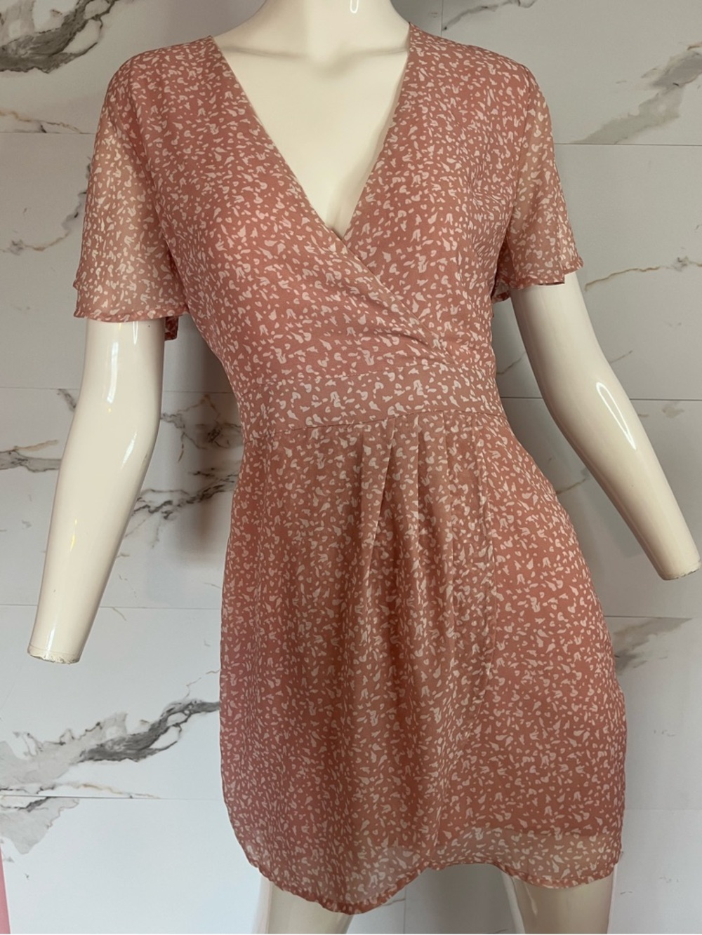 Sage The Label Blush Pink Floral Faux Wrap Flutter Sleeve Mini Dress Size S